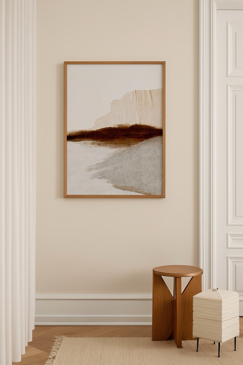 Minimal soyut doğa manzarası posteri, toprak tonlarında modern dekorasyon baskısı