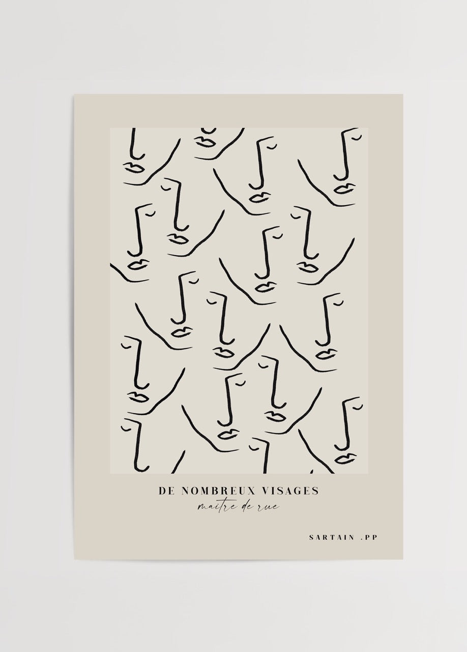Bej zemin üzerinde tekrarlayan siyah çizgilerle soyut yüzlerden oluşan modern line art poster tasarımı.