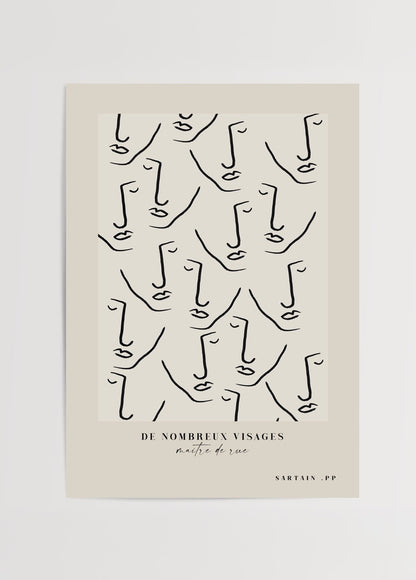 Bej zemin üzerinde tekrarlayan siyah çizgilerle soyut yüzlerden oluşan modern line art poster tasarımı.