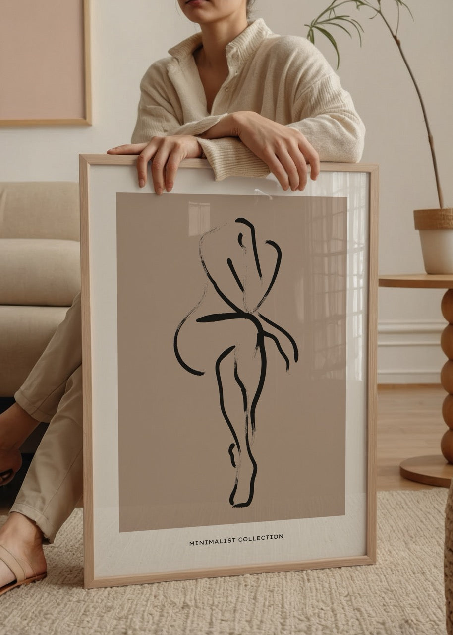 Minimalist tarzda çizilmiş kadın figürü içeren poster baskı