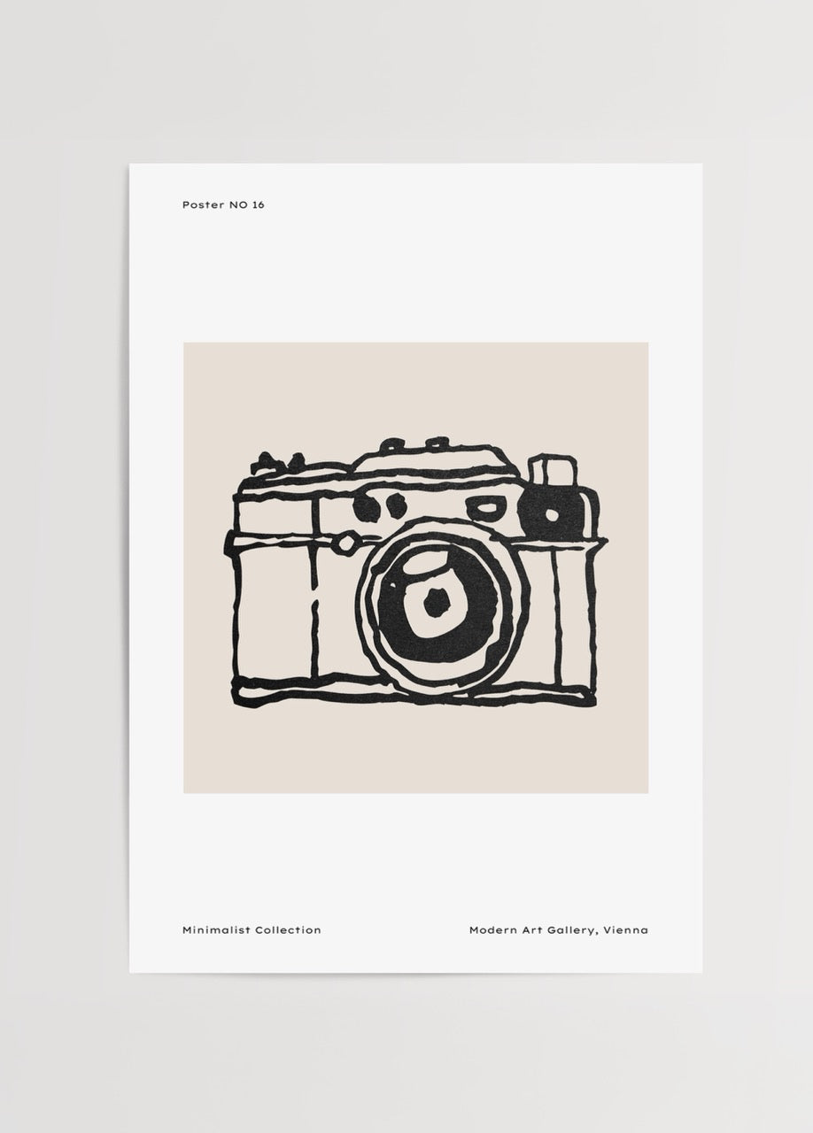 Minimalist siyah beyaz kamera çizimi poster baskı
