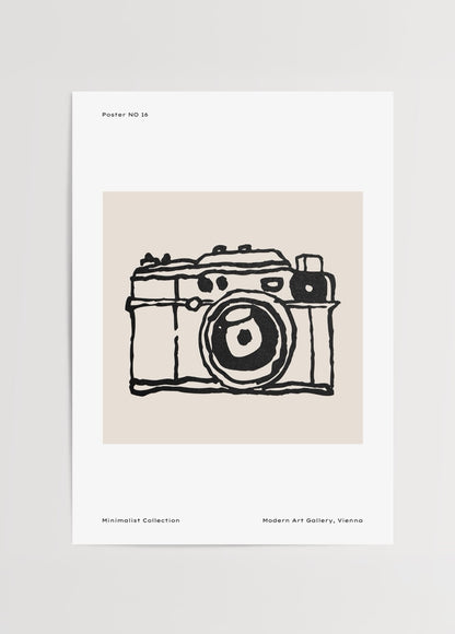 Minimalist siyah beyaz kamera çizimi poster baskı