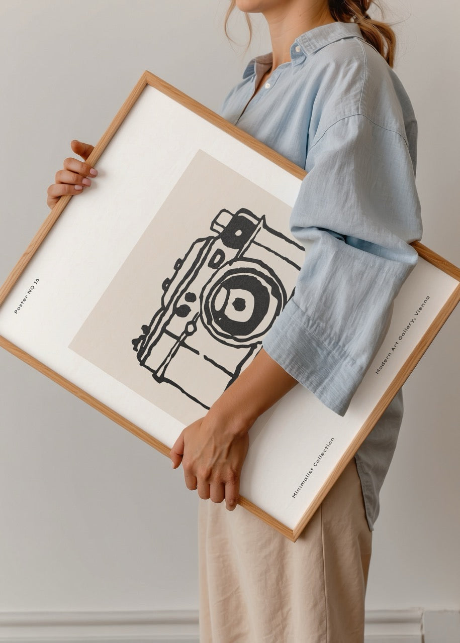 Minimalist siyah beyaz kamera çizimi poster baskı