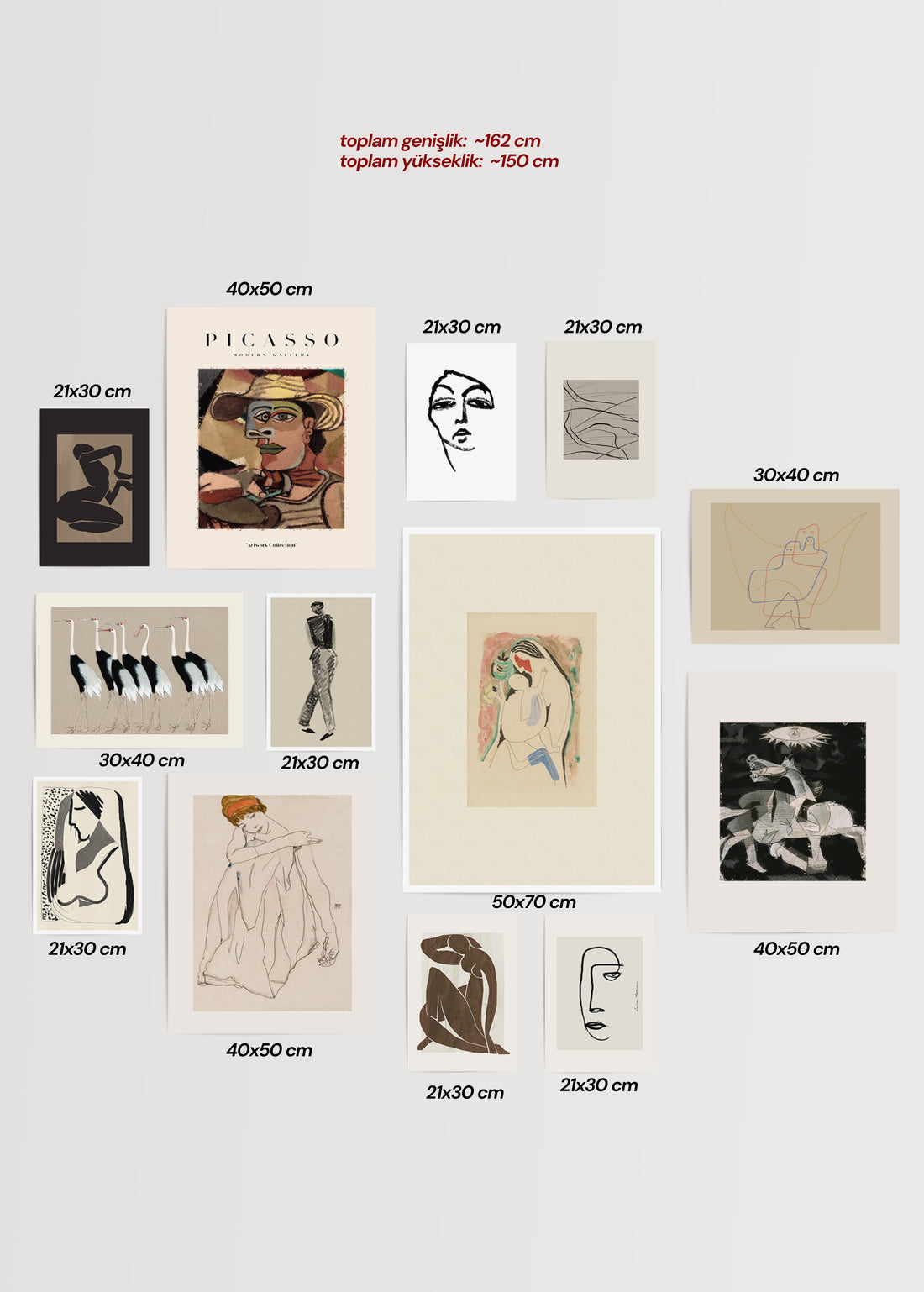 Modern figüratif ve soyut çizimlerden oluşan galeri duvarı poster seti