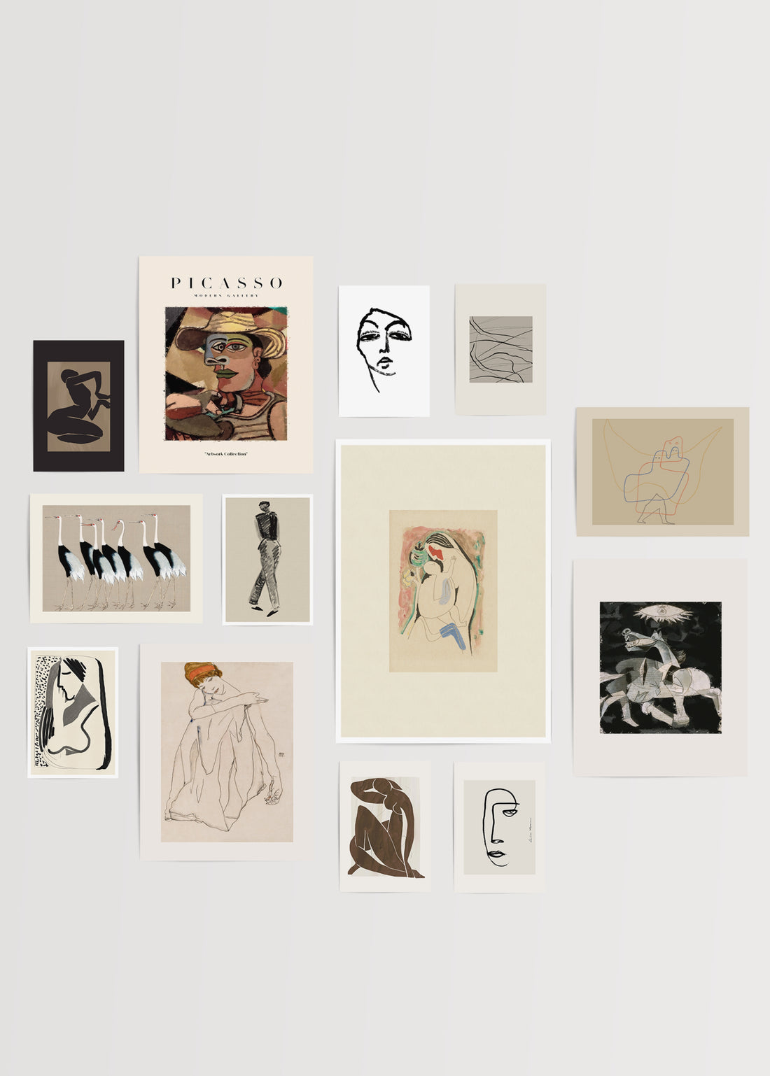 Modern figüratif ve soyut çizimlerden oluşan galeri duvarı poster seti