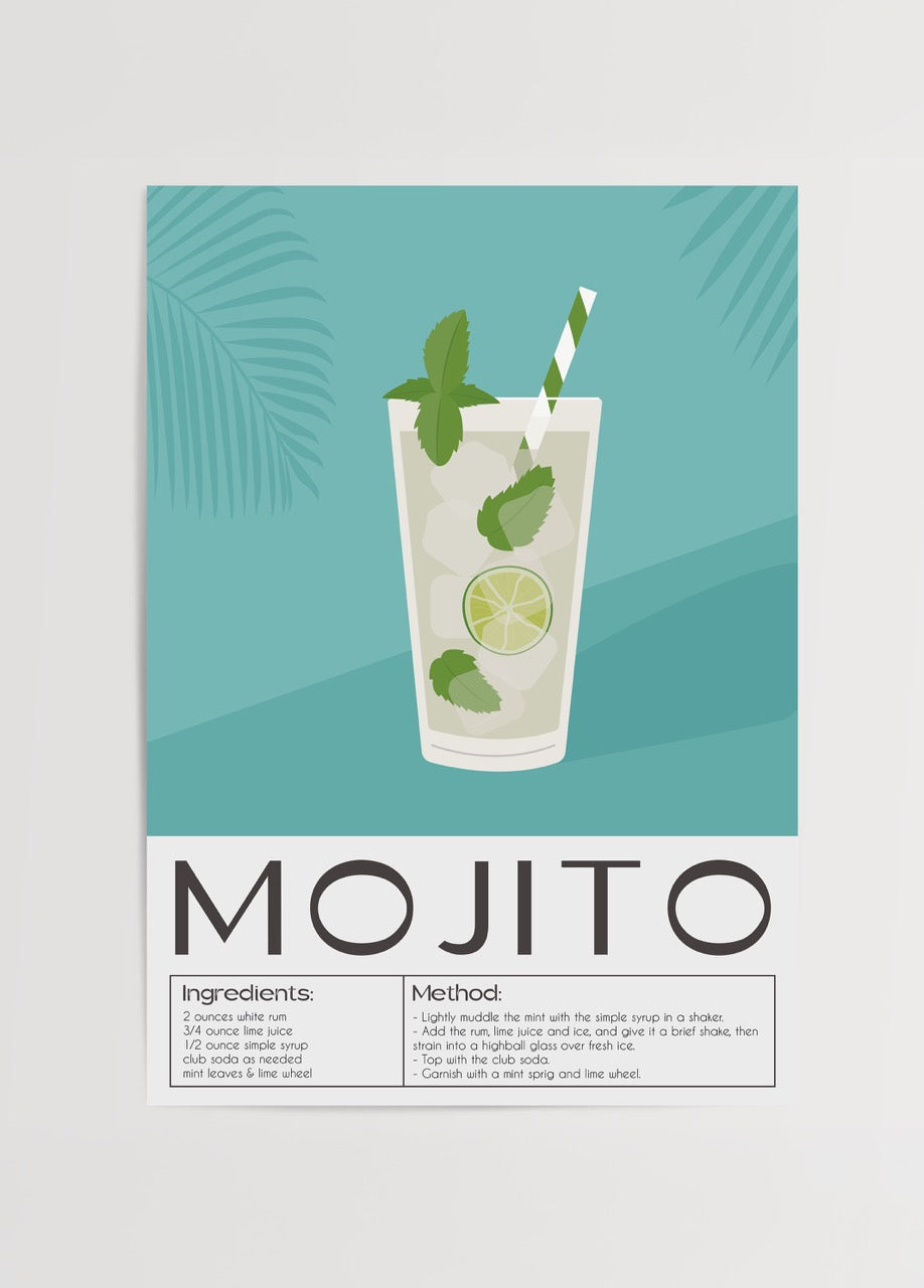 Mojito içeceği tarifini gösteren tropikal illüstrasyon posteri, yeşil zemin ve lime süslemeli içki bardağıyla