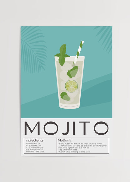 Mojito içeceği tarifini gösteren tropikal illüstrasyon posteri, yeşil zemin ve lime süslemeli içki bardağıyla
