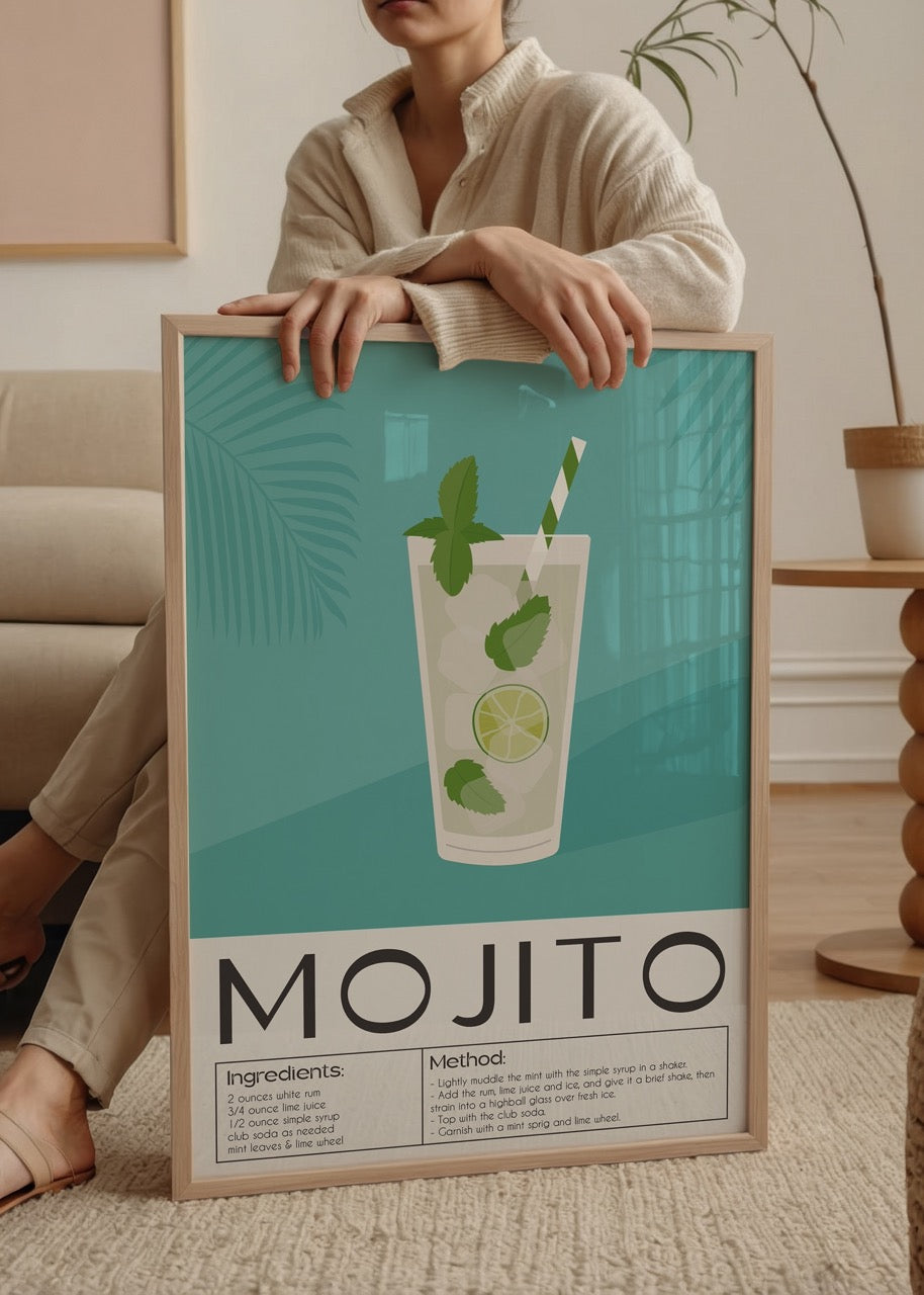 Mojito içeceği tarifini gösteren tropikal illüstrasyon posteri, yeşil zemin ve lime süslemeli içki bardağıyla