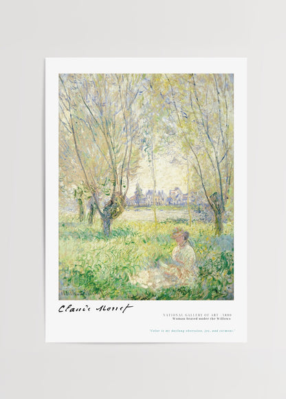 Claude Monet’nin 1880 tarihli &quot;Woman Seated under the Willows&quot; eserinden esinlenilmiş, doğa içinde oturan kadın figürlü empresyonist poster baskı