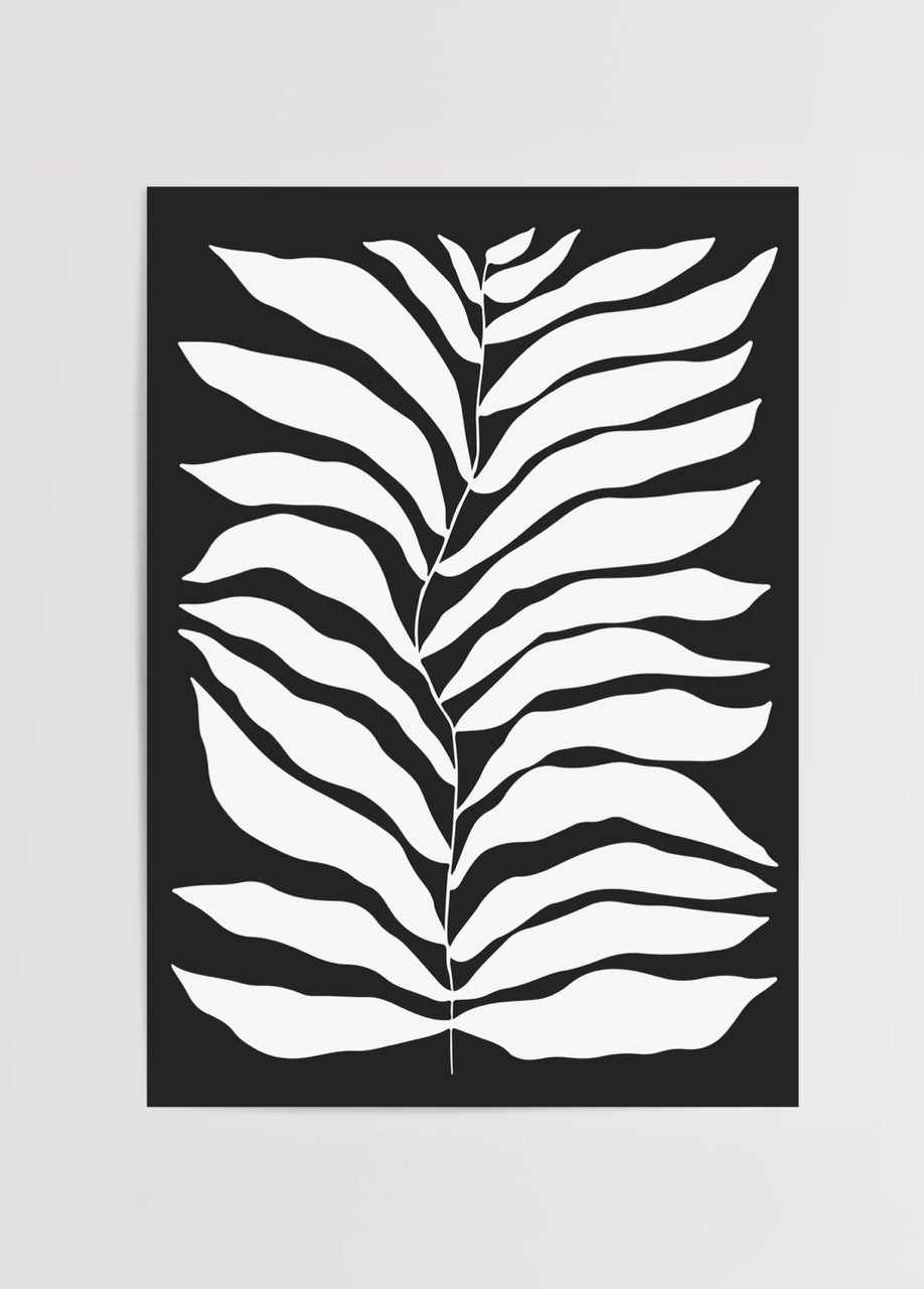 Siyah zemin üzerine beyaz yaprak formuyla minimal monokrom poster baskı