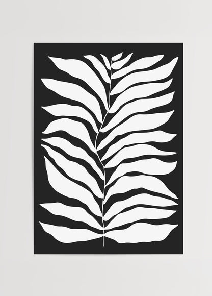 Siyah zemin üzerine beyaz yaprak formuyla minimal monokrom poster baskı