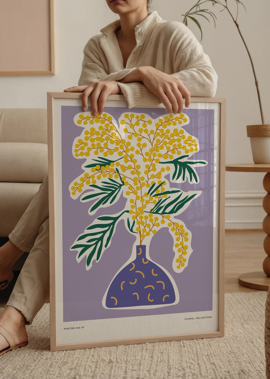Mor vazoda sarı mimoza çiçekleriyle hazırlanmış soyut illüstrasyon poster