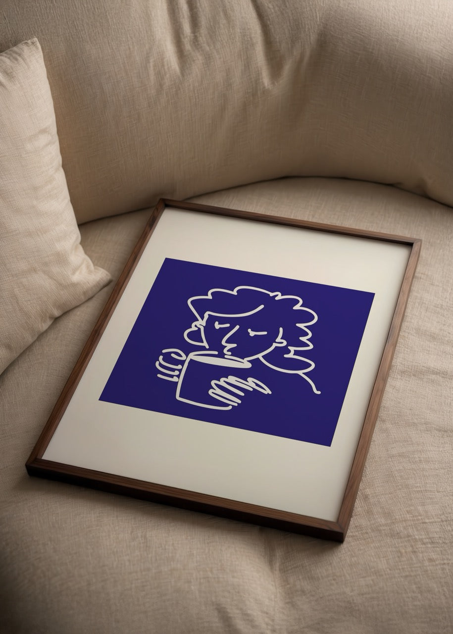Morning Bliss – Mavi Minimal Kahve Keyfi İllüstrasyon Poster Baskı