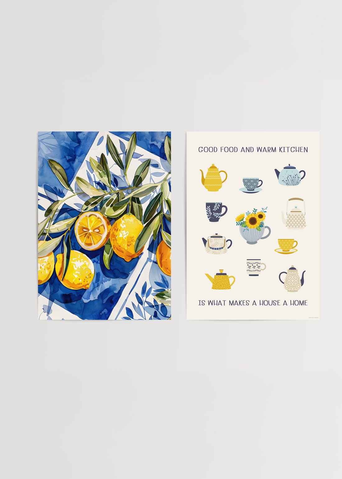 mutfak icin ikili poster seti limon ve kitchen temali tasarim