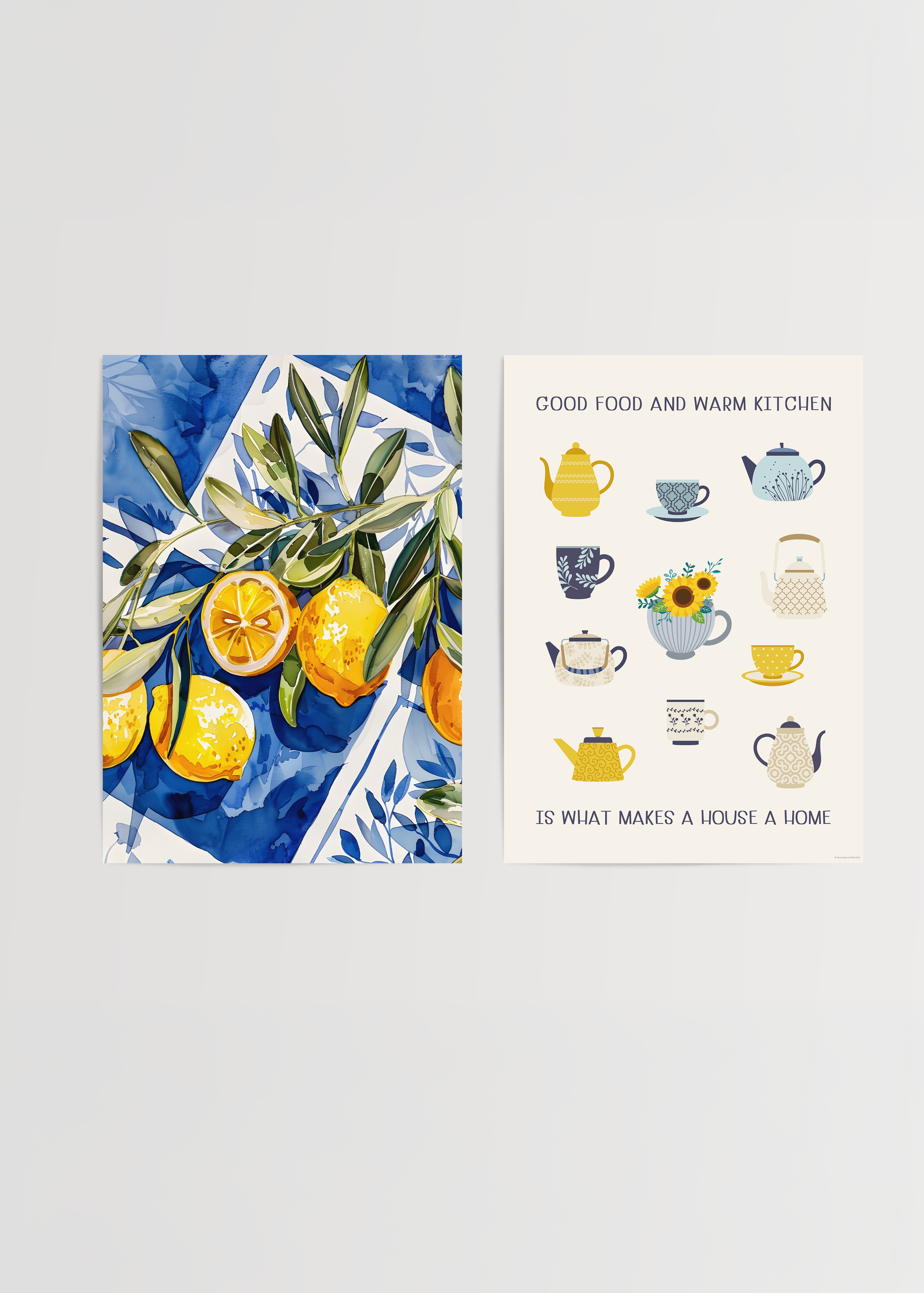 mutfak icin ikili poster seti limon ve kitchen temali tasarim