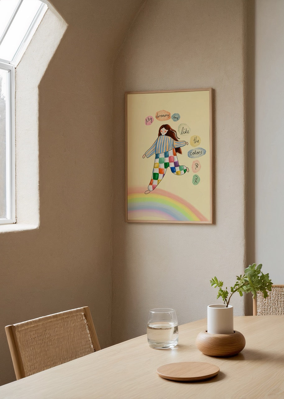 Elif Korkut’un “My Dreams” adlı, renkli kare desenli pijamalı karakter ve gökkuşağı temalı neşeli poster baskısı.
