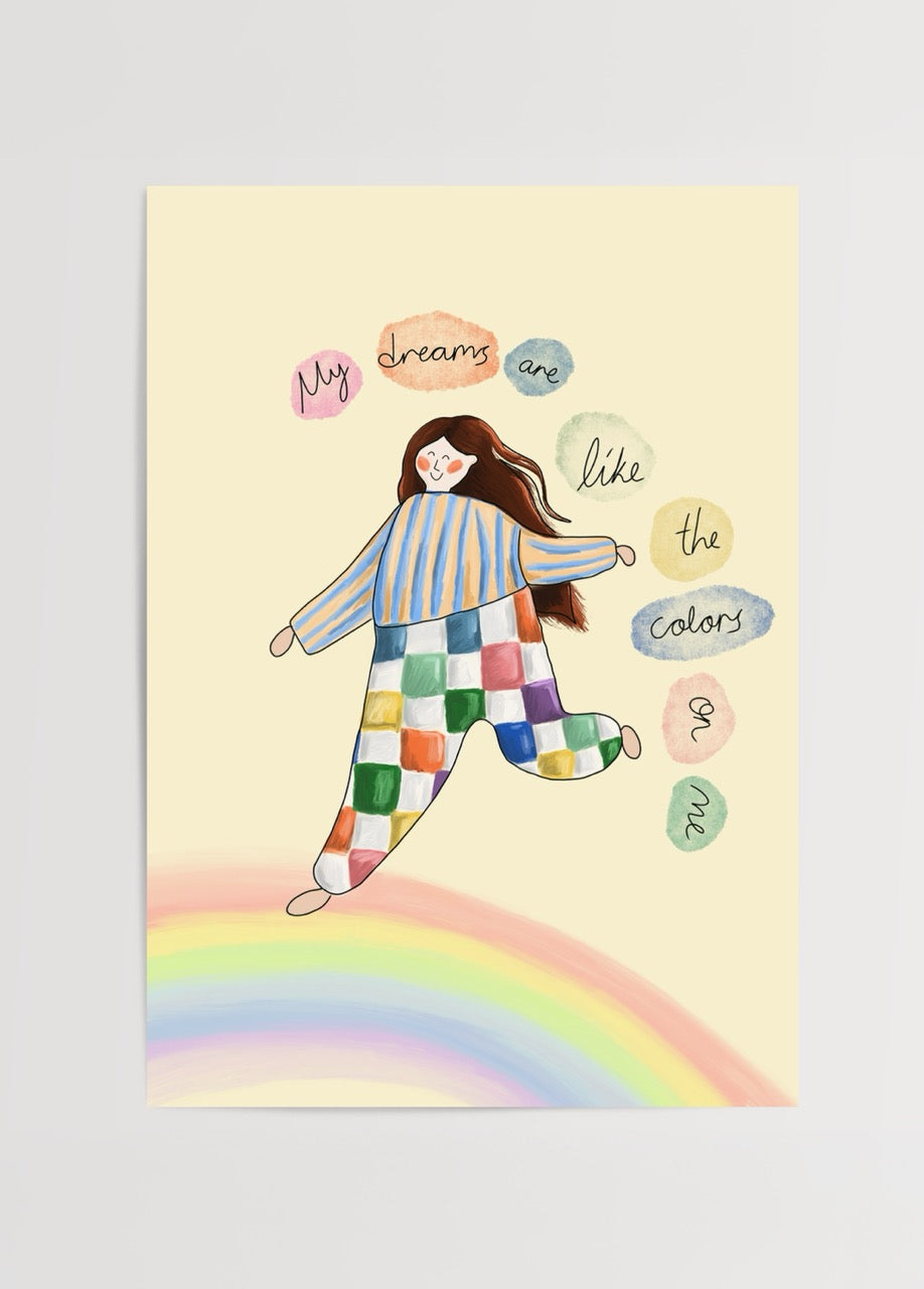 Elif Korkut’un “My Dreams” adlı, renkli kare desenli pijamalı karakter ve gökkuşağı temalı neşeli poster baskısı.