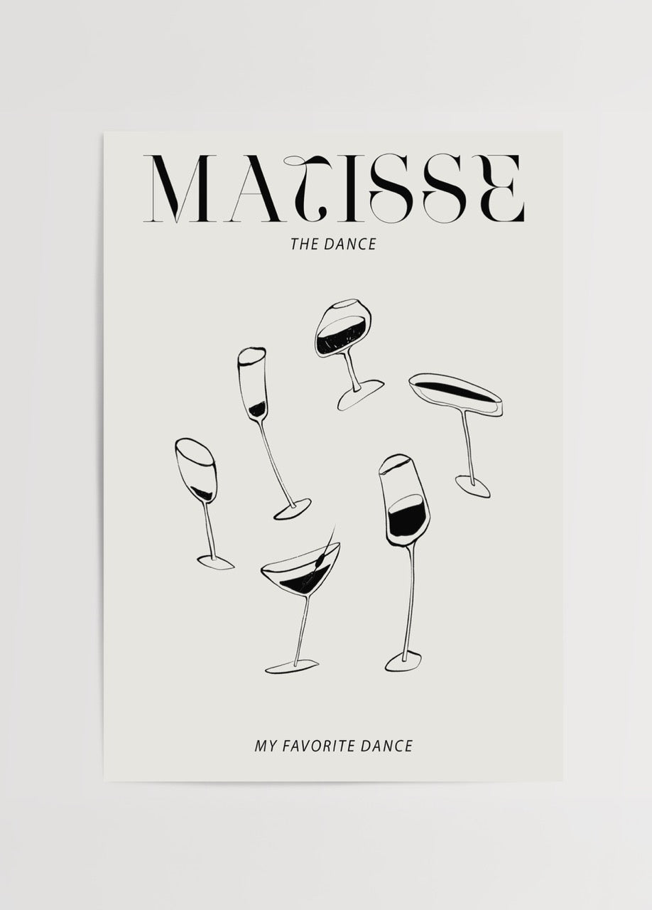 Dans eden kadeh illüstrasyonu içeren, Matisse esintili mizahi siyah beyaz poster