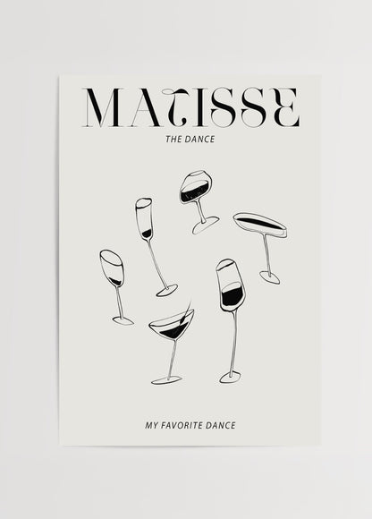 Dans eden kadeh illüstrasyonu içeren, Matisse esintili mizahi siyah beyaz poster