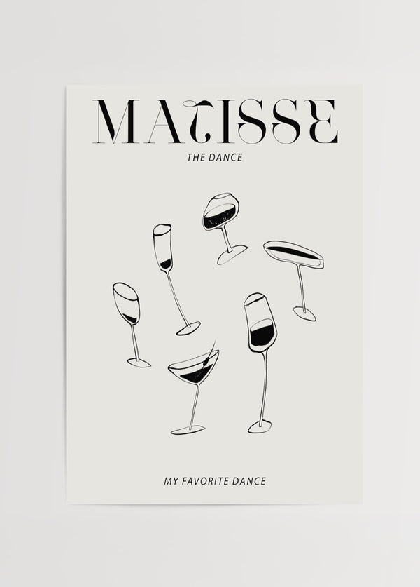 Dans eden kadeh illüstrasyonu içeren, Matisse esintili mizahi siyah beyaz poster
