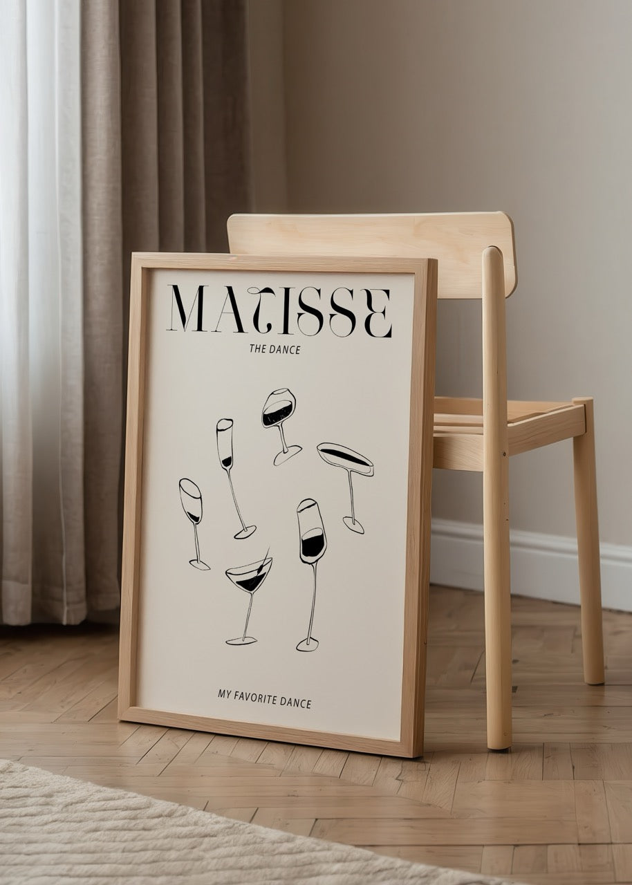Dans eden kadeh illüstrasyonu içeren, Matisse esintili mizahi siyah beyaz poster
