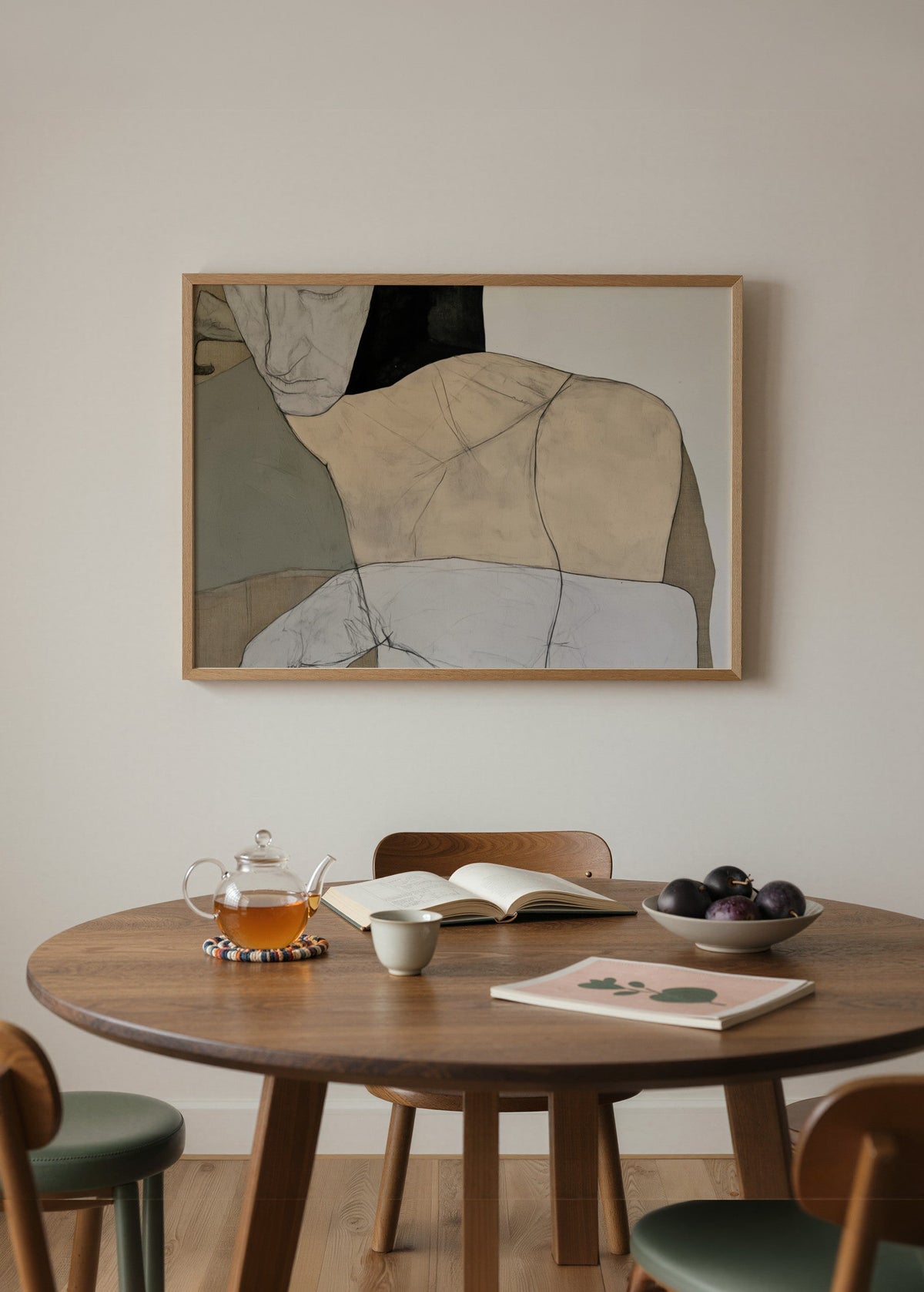 Nearness bej ve nötr tonlarda birbirine yaklaşan insan figürlü çağdaş figüratif sanat posteri