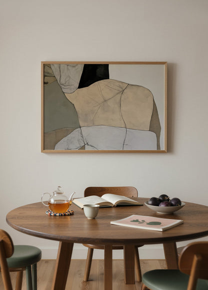 Nearness bej ve nötr tonlarda birbirine yaklaşan insan figürlü çağdaş figüratif sanat posteri