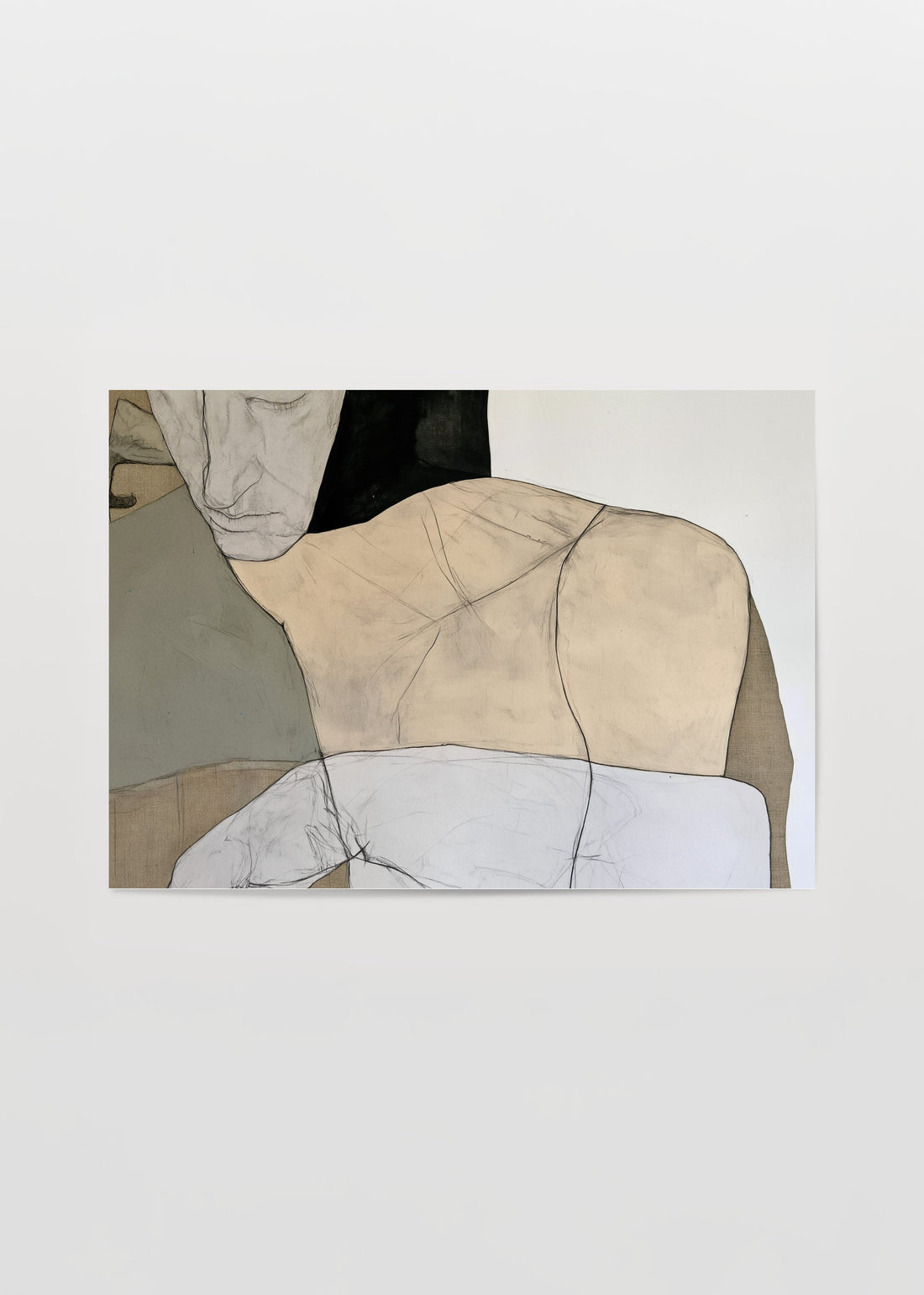 Nearness bej ve nötr tonlarda birbirine yaklaşan insan figürlü çağdaş figüratif sanat posteri