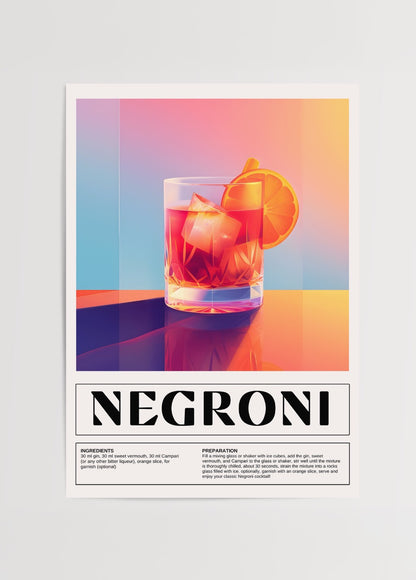 Cam yansımaları, sıcak renk geçişleri ve klasik Negroni tarifiyle modern kokteyl posteri.
