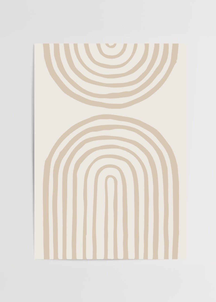 Japandi stil ev dekorasyonu için bej tonlarda soyut kemer desenli minimal poster.