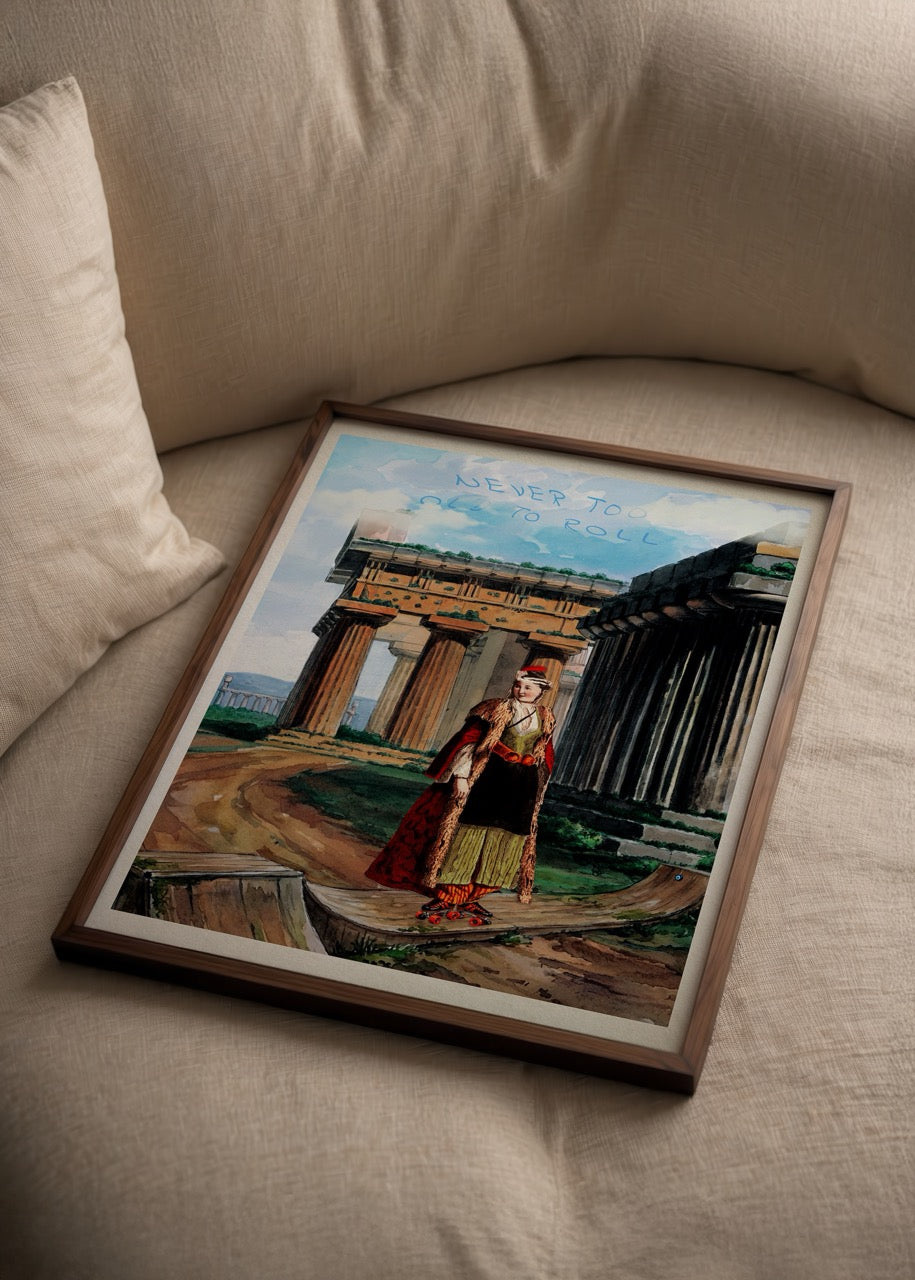 Antik mimari önünde paten kayan figürlü Never Too Old To Roll poster baskı