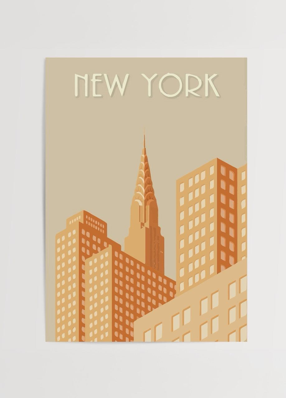 Bej zemin üzerinde Chrysler Binası ve çevresindeki gökdelenlerin retro stilde illüstrasyonu ile tasarlanmış New York şehir silüeti posteri.
