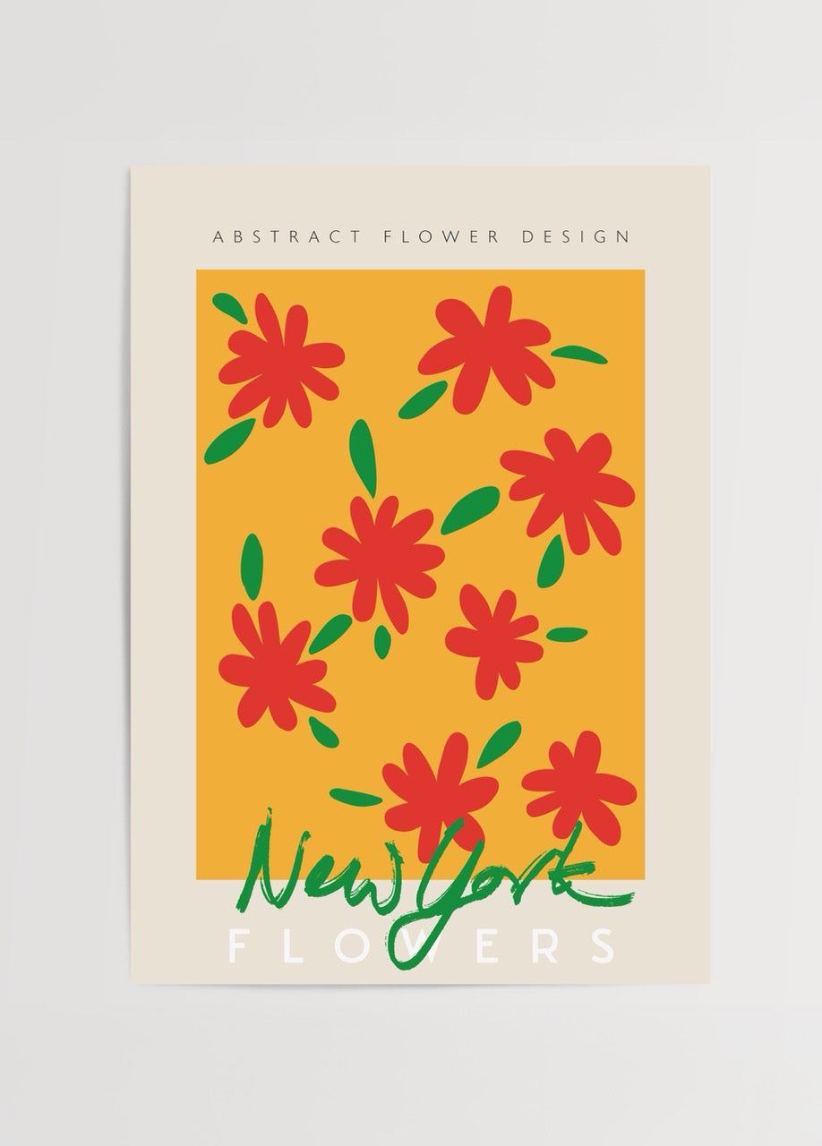 Sarı zemin üzerinde kırmızı soyut çiçeklerden oluşan New York temalı poster tasarımı