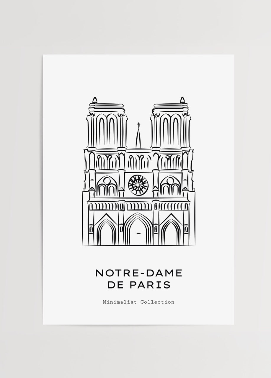 Notre-Dame Katedrali’nin minimalist çizimiyle hazırlanmış siyah beyaz Paris posteri