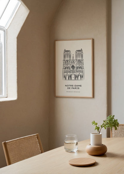 Notre-Dame Katedrali’nin minimalist çizimiyle hazırlanmış siyah beyaz Paris posteri