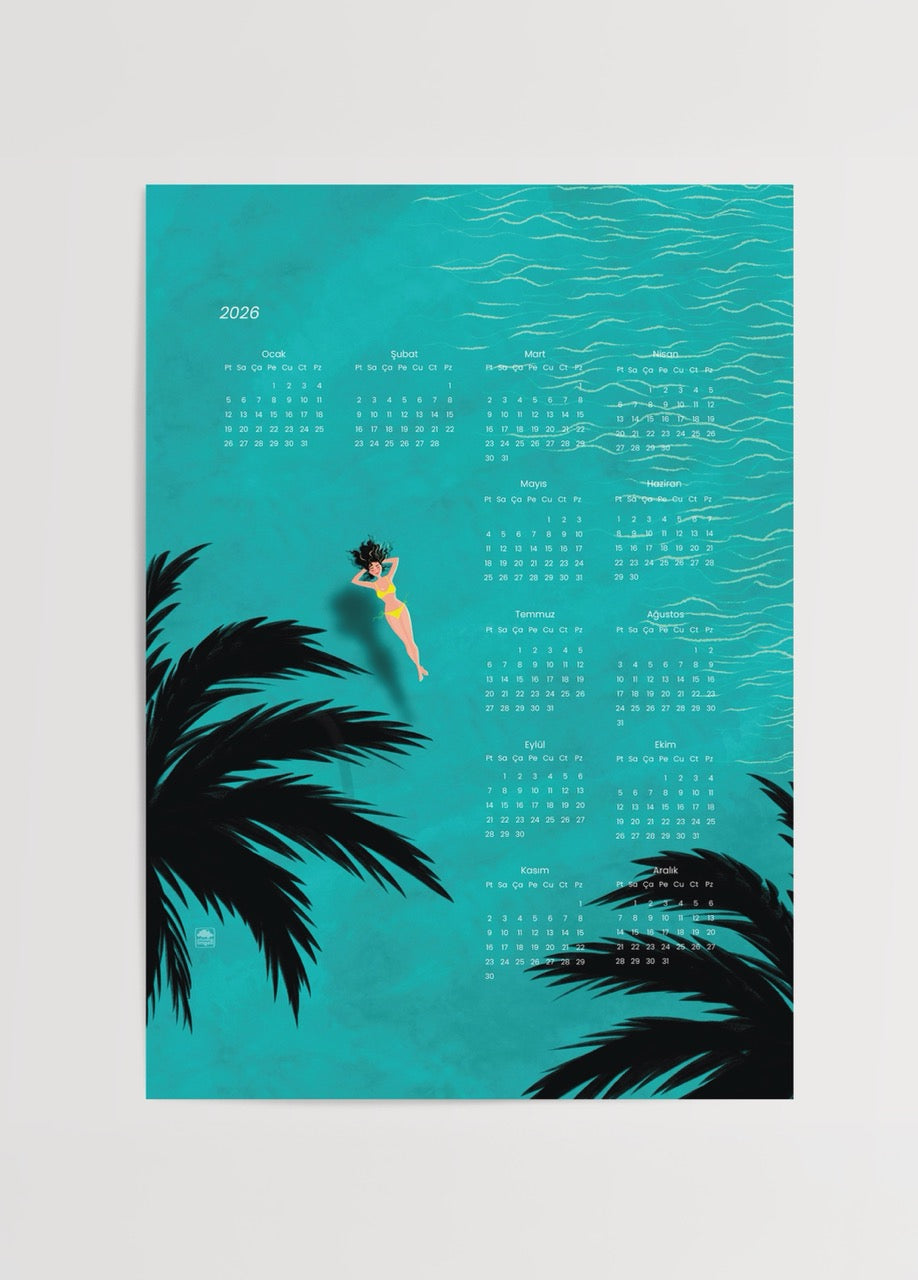 Oh Be, Yaz! temalı 2026 takvim posteri, turkuaz deniz üzerinde yüzen kadın çizimli modern tasarım.