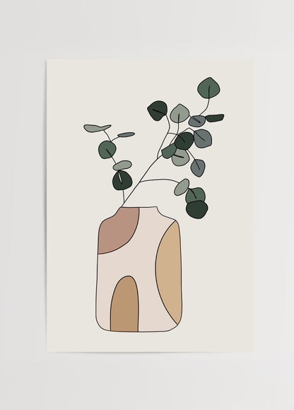 Soyut formlu vazo içinde okaliptüs dalları bulunan modern minimalist bitki illüstrasyonu poster baskısı
