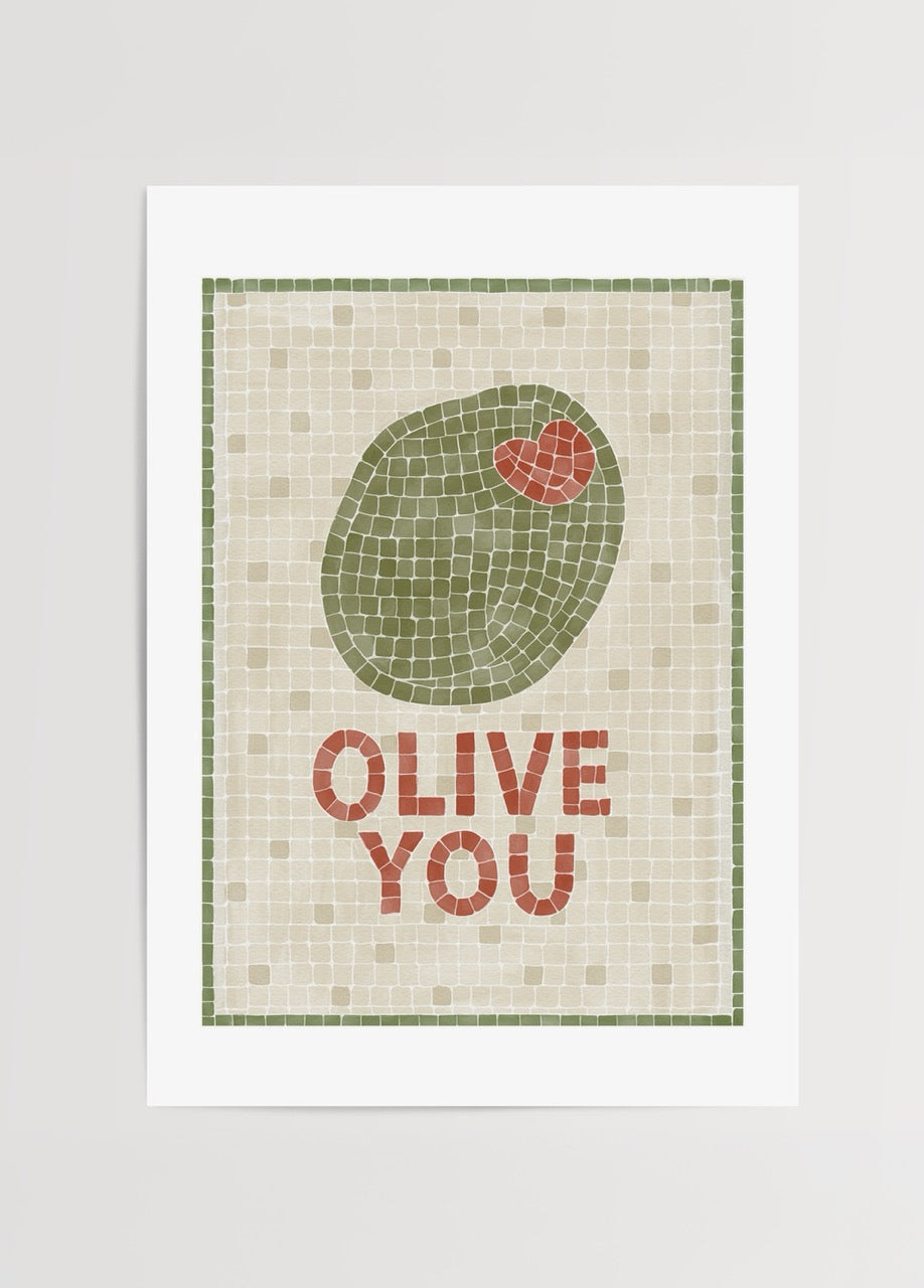 Thola Studio Olive You posteri, mozaik desenli zeytin illüstrasyonu, modern ve eğlenceli dekoratif duvar posteri baskısı.