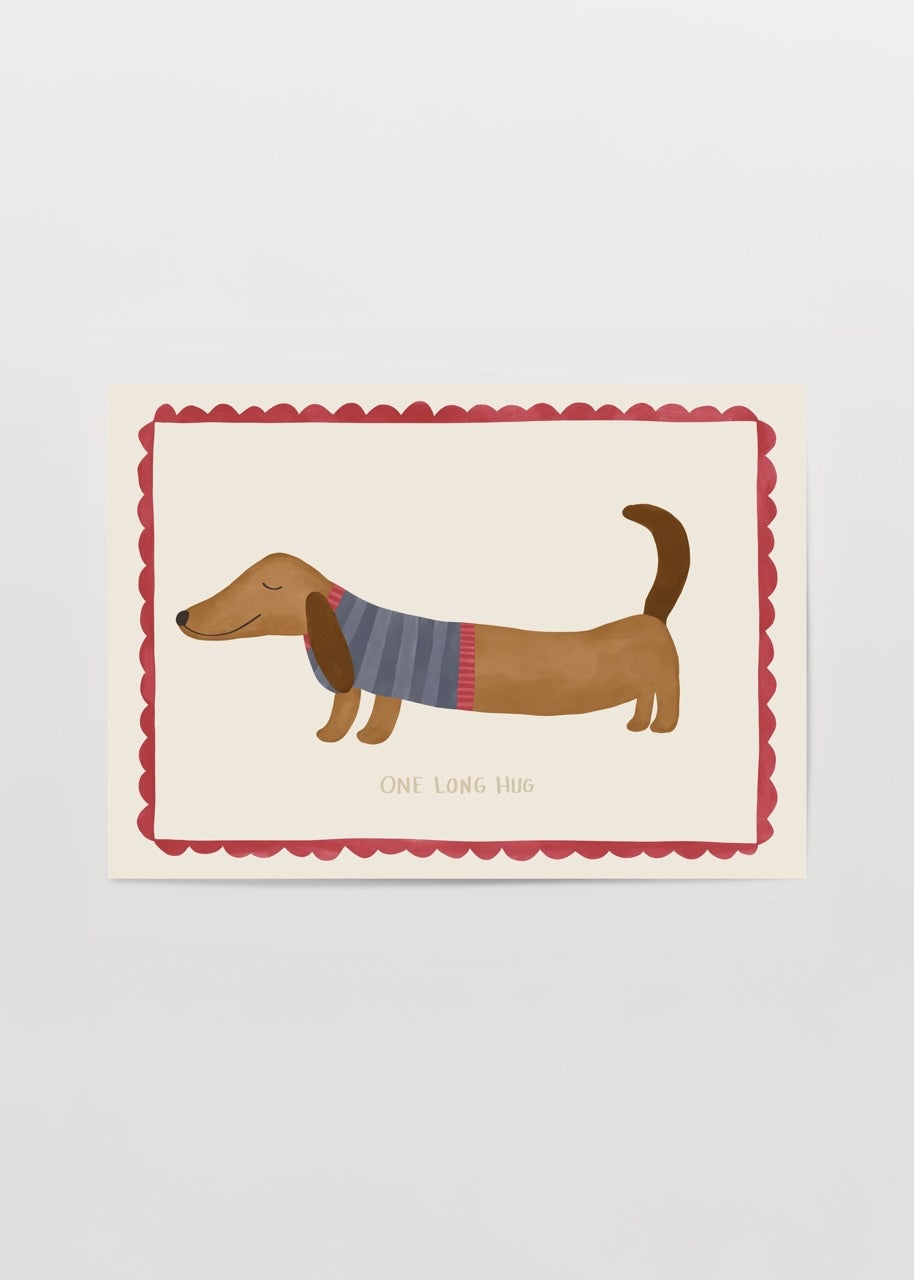 Krem zemin üzerinde, uzun gövdeli bir köpeğin yatay kompozisyonda betimlendiği, etrafı kırmızı çerçeveyle çevrili sıcak ve sevecen illüstrasyon.