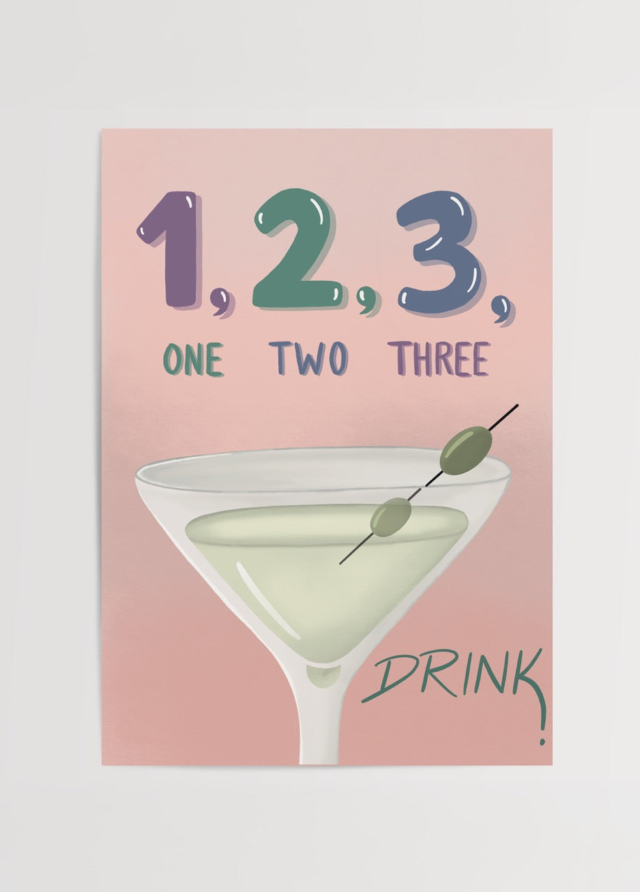 Özge Özcan One Two Three posteri; martini bardağı ve “1, 2, 3, Drink” yazılı pastel illüstrasyon.