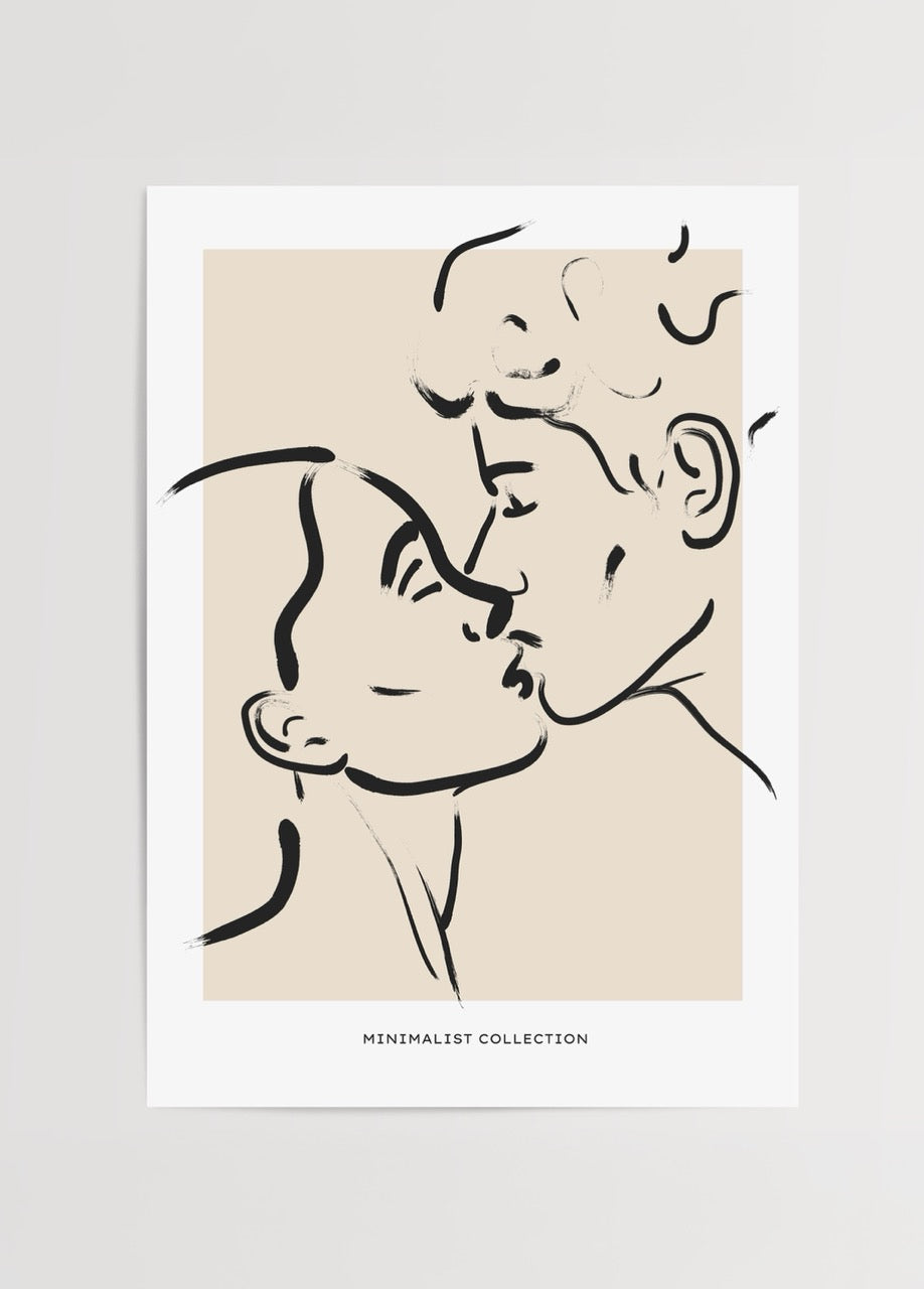 Yalın çizgilerle öpüşen çift figürlü minimalist aşk posteri