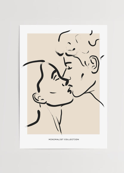Yalın çizgilerle öpüşen çift figürlü minimalist aşk posteri