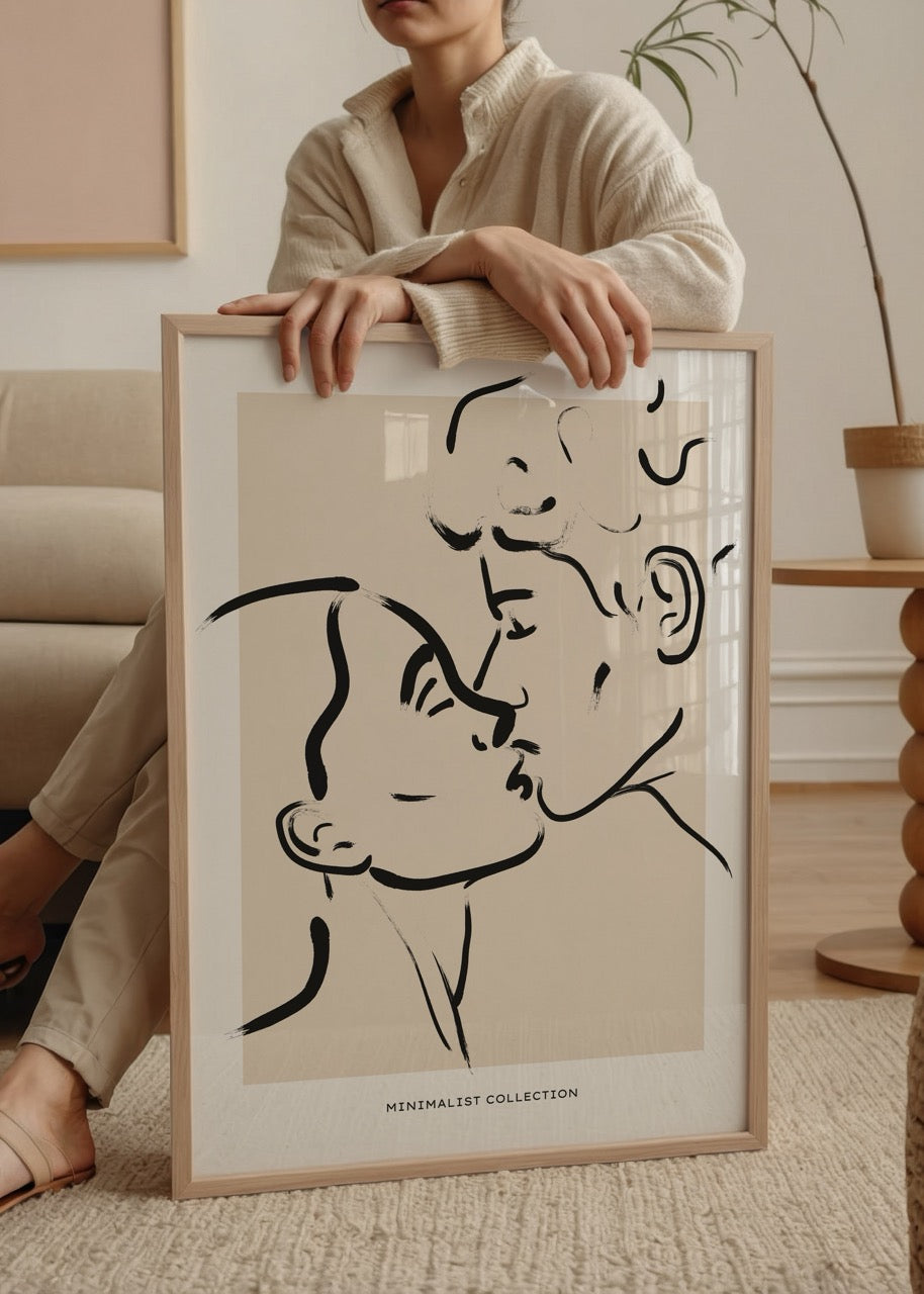 Yalın çizgilerle öpüşen çift figürlü minimalist aşk posteri
