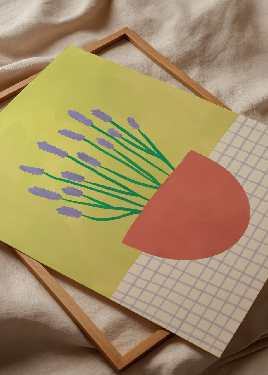 Turuncu saksıda mor çiçek illüstrasyonlu modern pastel floral poster baskı