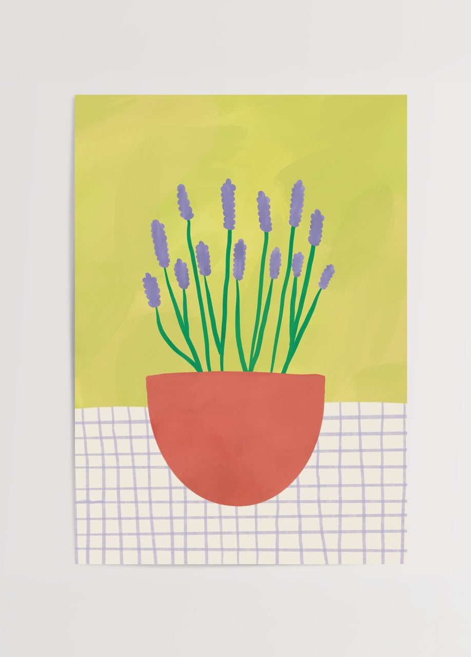 Turuncu saksıda mor çiçek illüstrasyonlu modern pastel floral poster baskı