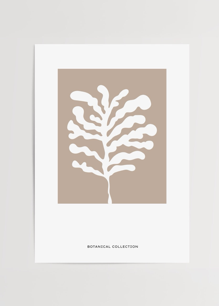 Bej zemin üzerine beyaz botanik siluet içeren modern minimalist bitki posteri