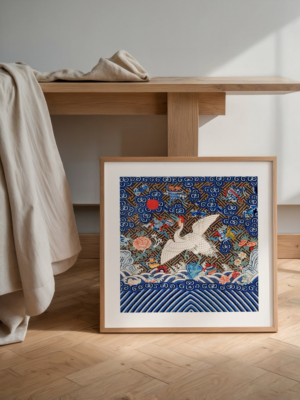 mavi tonlarda oriental desen turna figurlu dekoratif poster