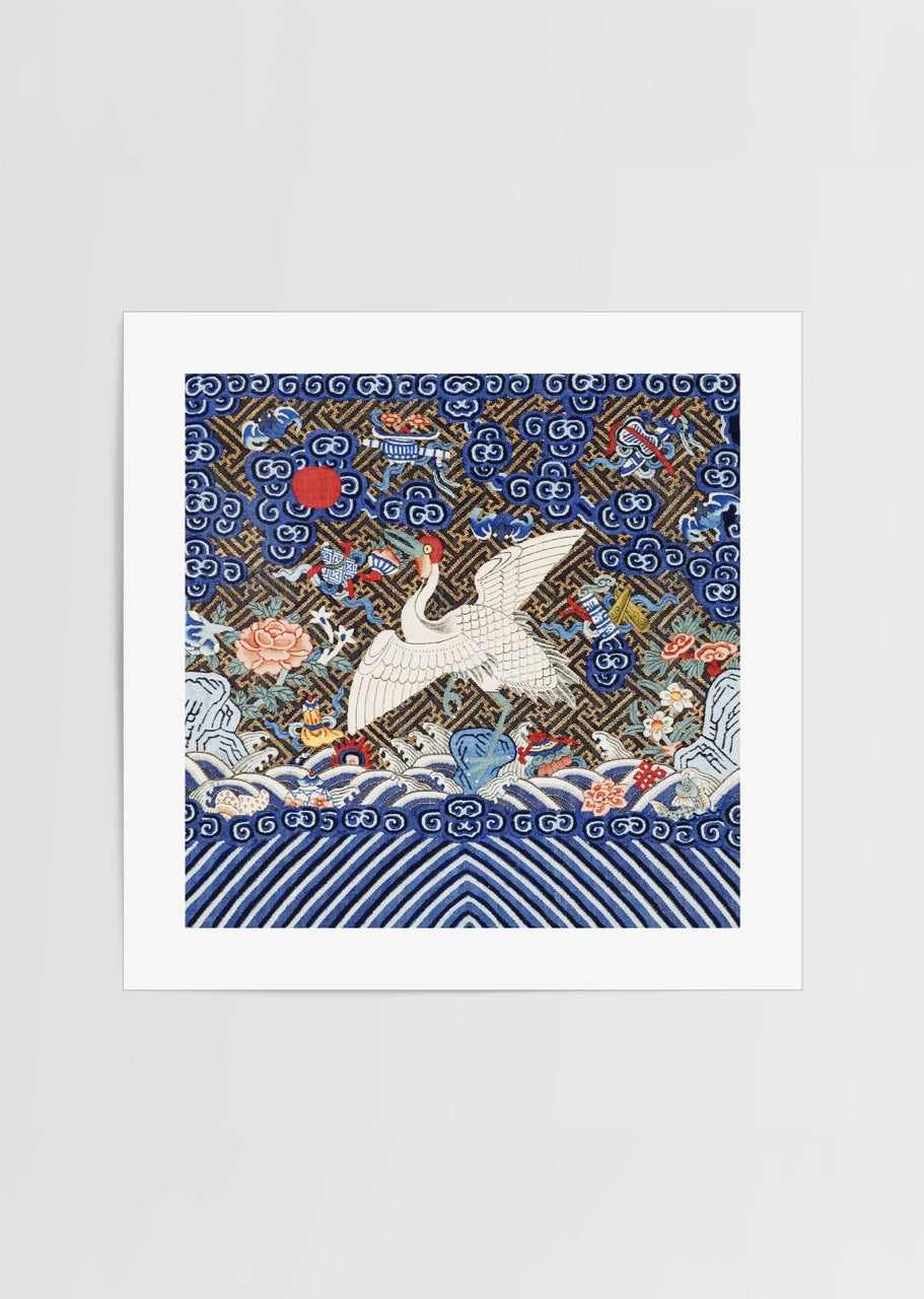 mavi tonlarda oriental desen turna figurlu dekoratif poster