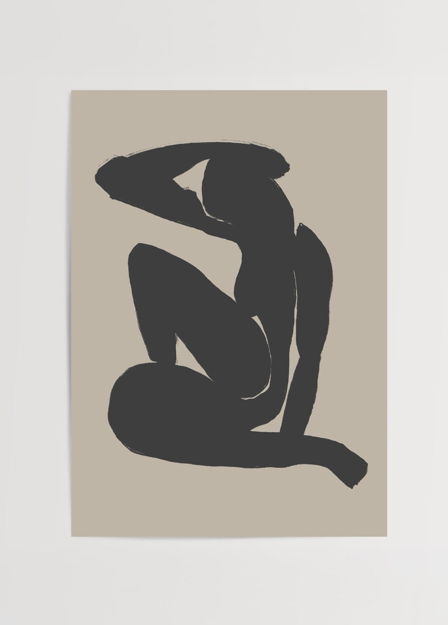 Oturmuş figürü betimleyen minimalist soyut sanat posteri