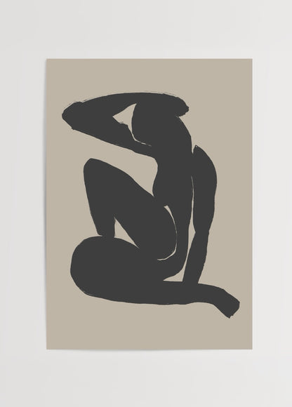 Oturmuş figürü betimleyen minimalist soyut sanat posteri